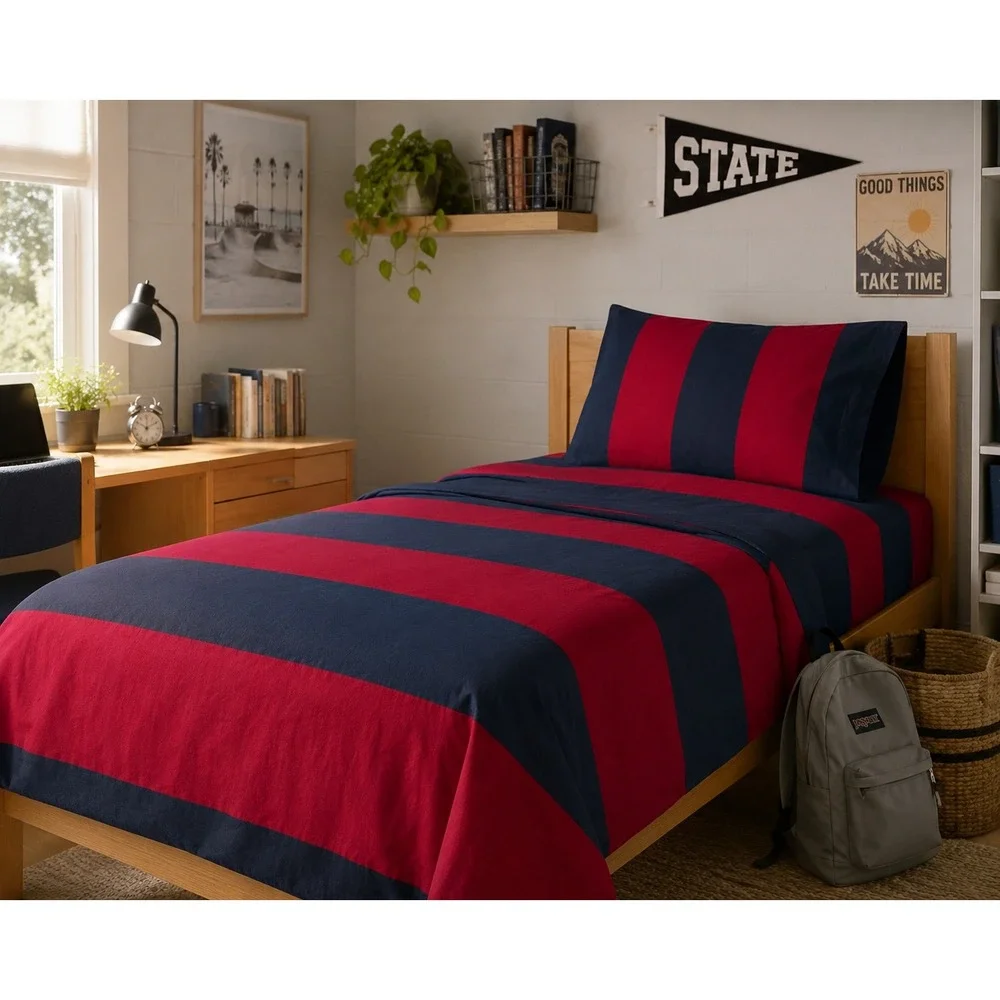 PBteen Twin XL Sheet Set Navy Blue Red Rugby Stripe 100% Cotton Collegiate Dorm